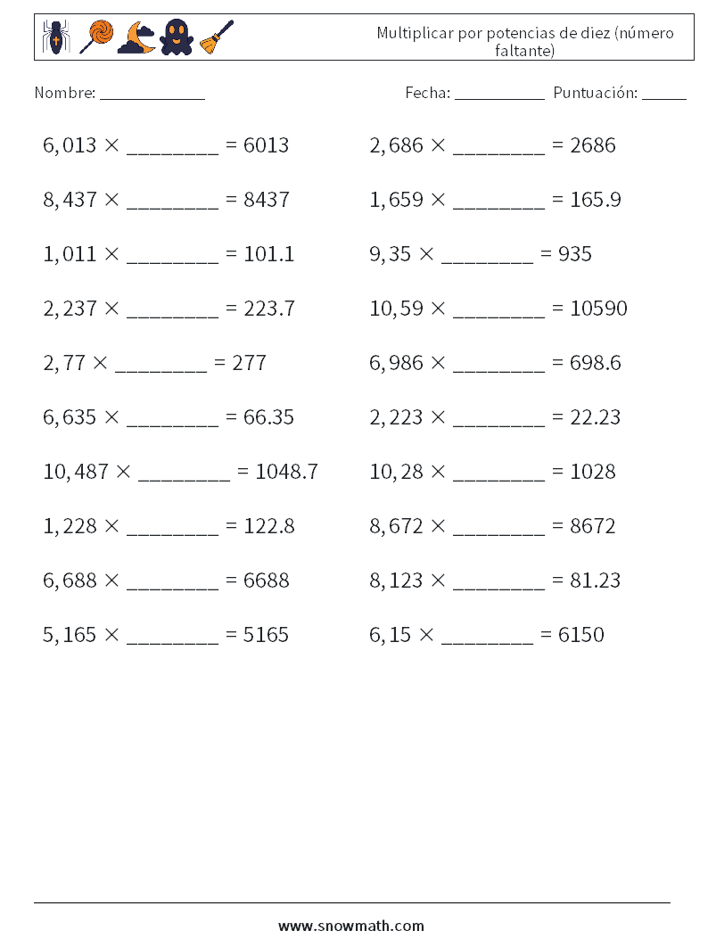 Multiplicar por potencias de diez (número faltante) Hojas de trabajo de matemáticas 18