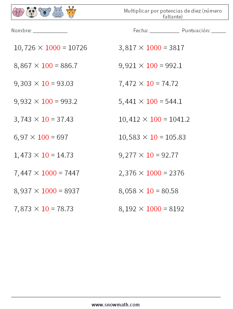 Multiplicar por potencias de diez (número faltante) Hojas de trabajo de matemáticas 1 Pregunta, respuesta