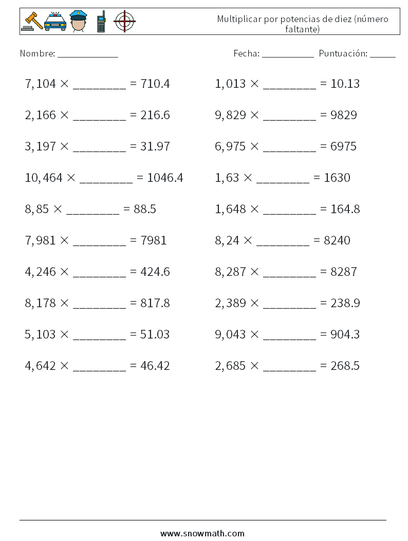 Multiplicar por potencias de diez (número faltante) Hojas de trabajo de matemáticas 2