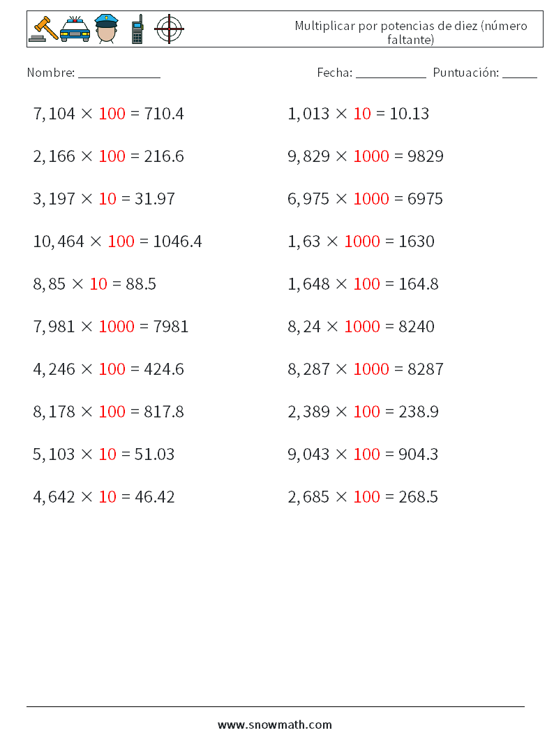 Multiplicar por potencias de diez (número faltante) Hojas de trabajo de matemáticas 2 Pregunta, respuesta