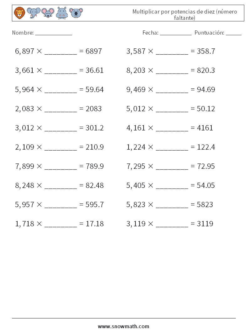 Multiplicar por potencias de diez (número faltante) Hojas de trabajo de matemáticas 3