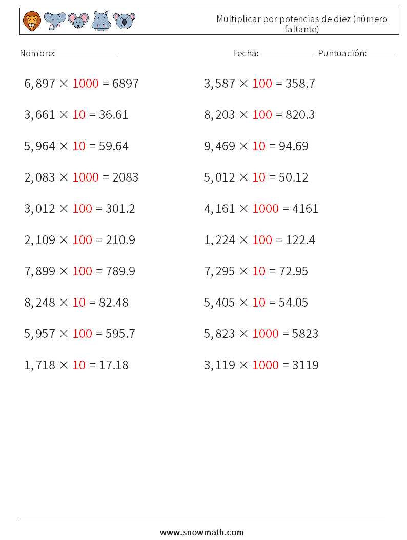 Multiplicar por potencias de diez (número faltante) Hojas de trabajo de matemáticas 3 Pregunta, respuesta