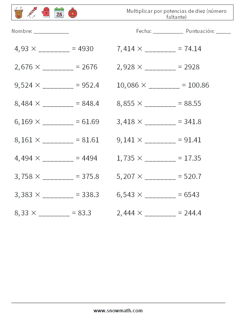 Multiplicar por potencias de diez (número faltante) Hojas de trabajo de matemáticas 4