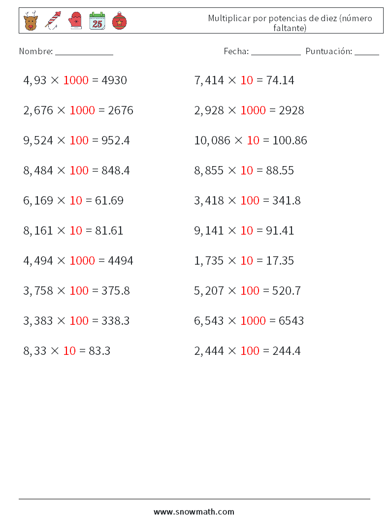 Multiplicar por potencias de diez (número faltante) Hojas de trabajo de matemáticas 4 Pregunta, respuesta