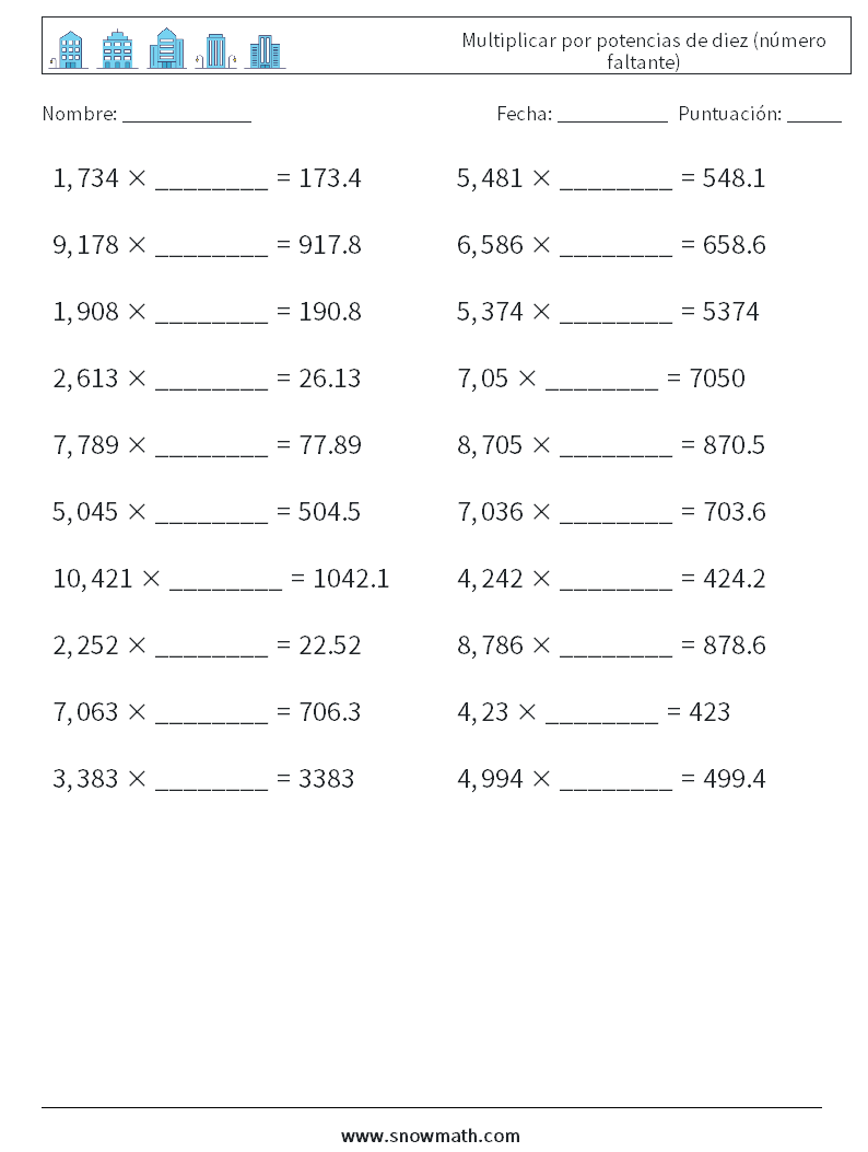 Multiplicar por potencias de diez (número faltante) Hojas de trabajo de matemáticas 5