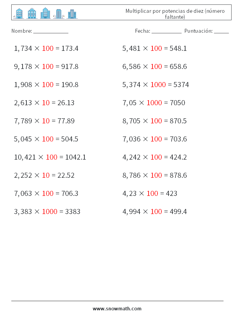 Multiplicar por potencias de diez (número faltante) Hojas de trabajo de matemáticas 5 Pregunta, respuesta