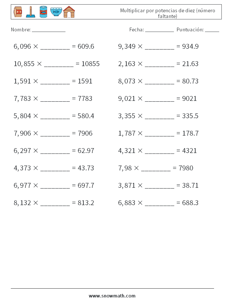 Multiplicar por potencias de diez (número faltante) Hojas de trabajo de matemáticas 6