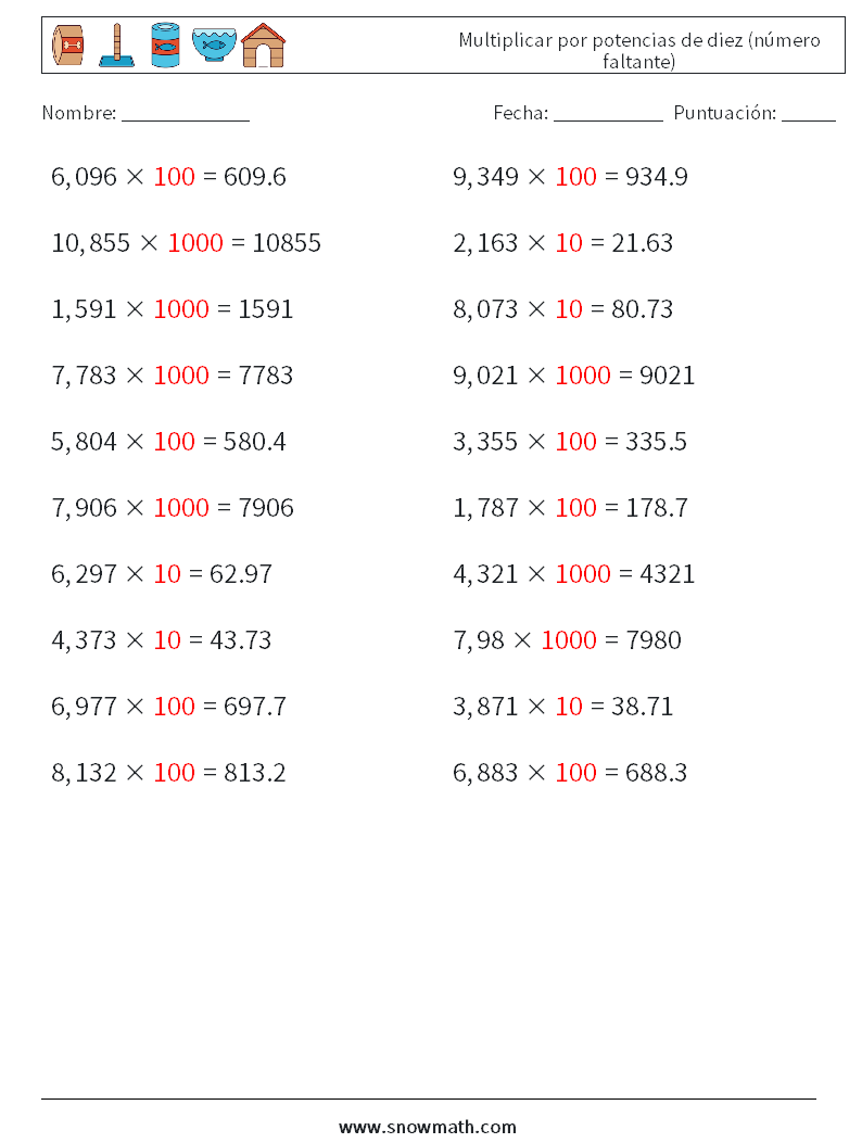 Multiplicar por potencias de diez (número faltante) Hojas de trabajo de matemáticas 6 Pregunta, respuesta