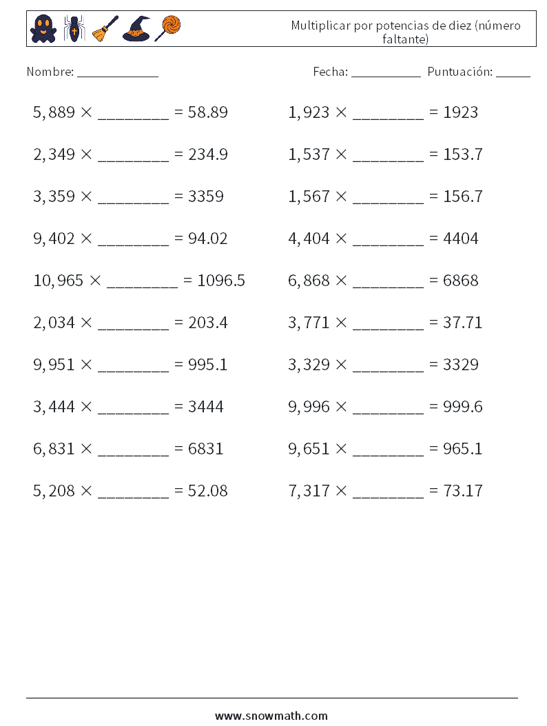 Multiplicar por potencias de diez (número faltante) Hojas de trabajo de matemáticas 7