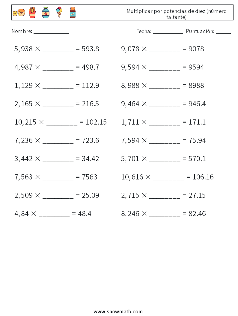 Multiplicar por potencias de diez (número faltante) Hojas de trabajo de matemáticas 8