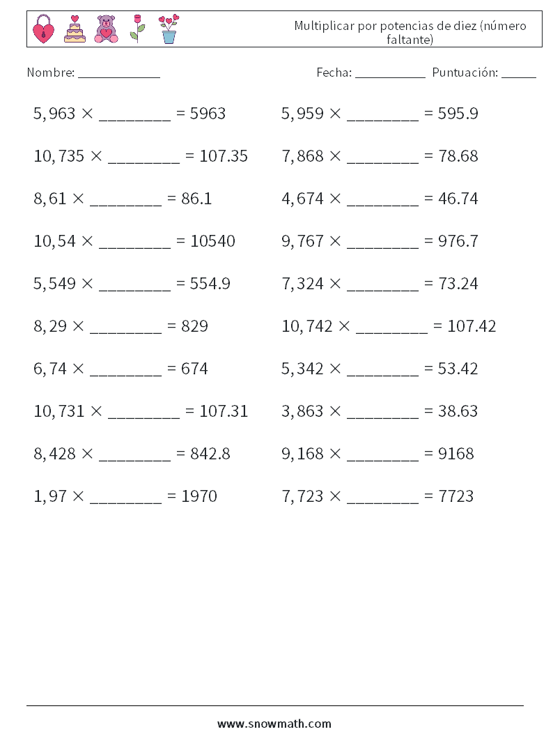 Multiplicar por potencias de diez (número faltante) Hojas de trabajo de matemáticas 9