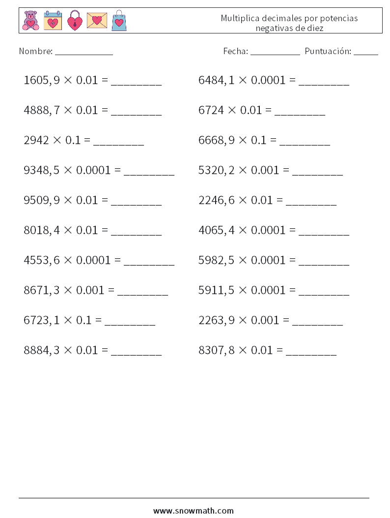 Multiplica decimales por potencias negativas de diez Hojas de trabajo de matemáticas 1