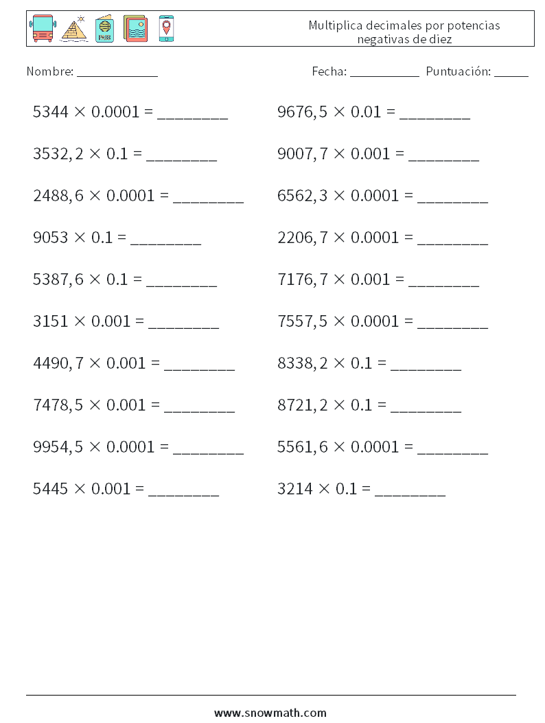 Multiplica decimales por potencias negativas de diez Hojas de trabajo de matemáticas 10