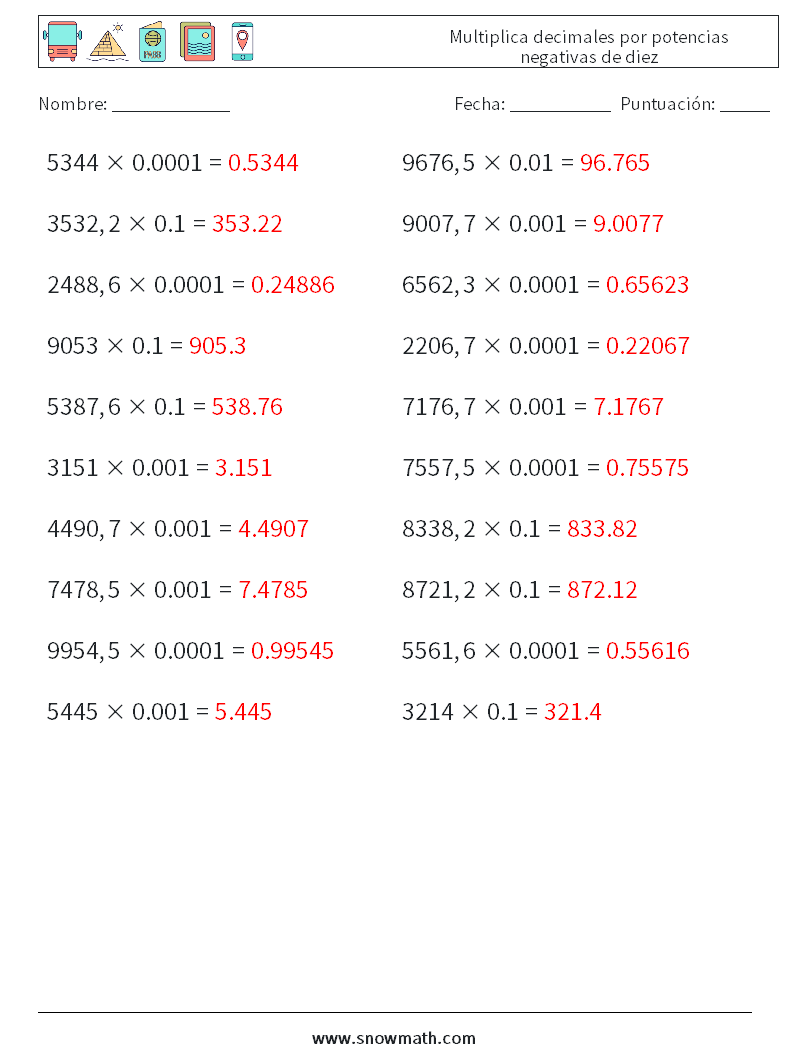 Multiplica decimales por potencias negativas de diez Hojas de trabajo de matemáticas 10 Pregunta, respuesta