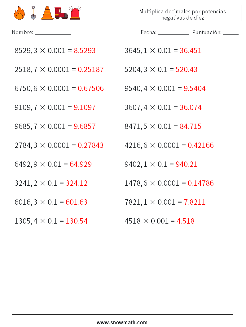 Multiplica decimales por potencias negativas de diez Hojas de trabajo de matemáticas 12 Pregunta, respuesta