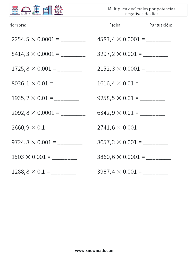 Multiplica decimales por potencias negativas de diez Hojas de trabajo de matemáticas 13