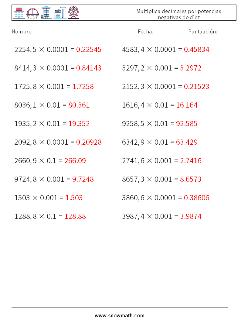 Multiplica decimales por potencias negativas de diez Hojas de trabajo de matemáticas 13 Pregunta, respuesta