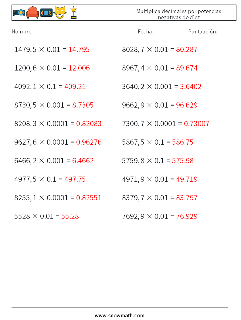 Multiplica decimales por potencias negativas de diez Hojas de trabajo de matemáticas 14 Pregunta, respuesta