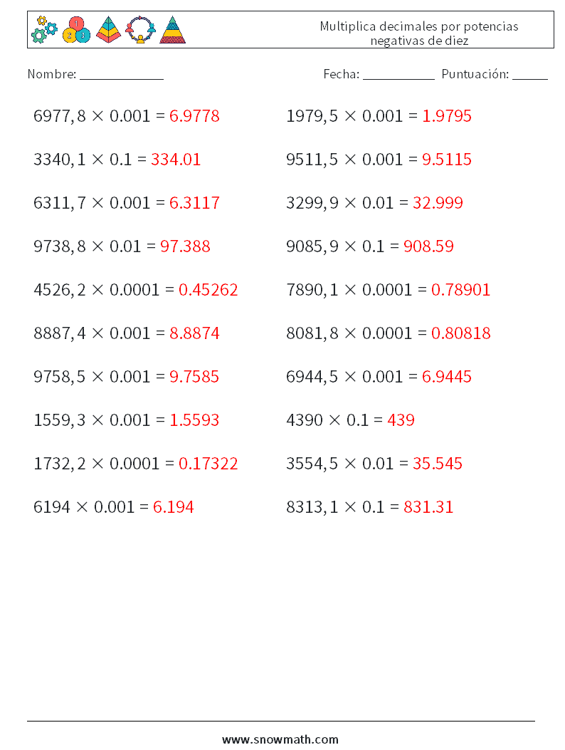 Multiplica decimales por potencias negativas de diez Hojas de trabajo de matemáticas 15 Pregunta, respuesta