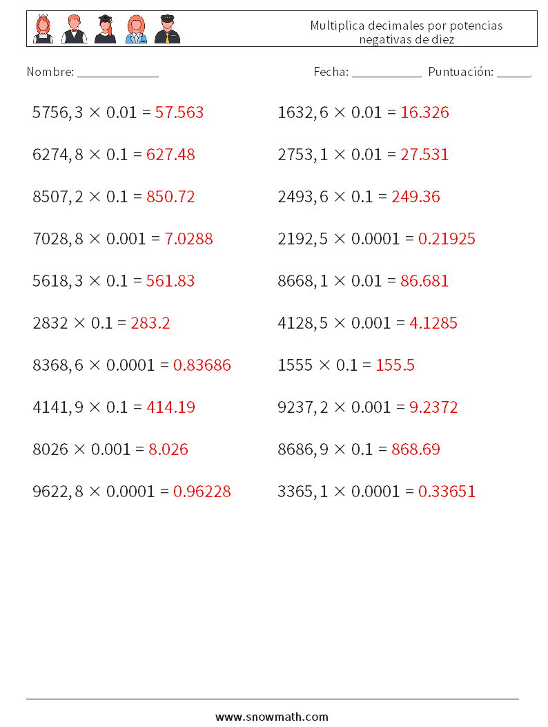 Multiplica decimales por potencias negativas de diez Hojas de trabajo de matemáticas 16 Pregunta, respuesta