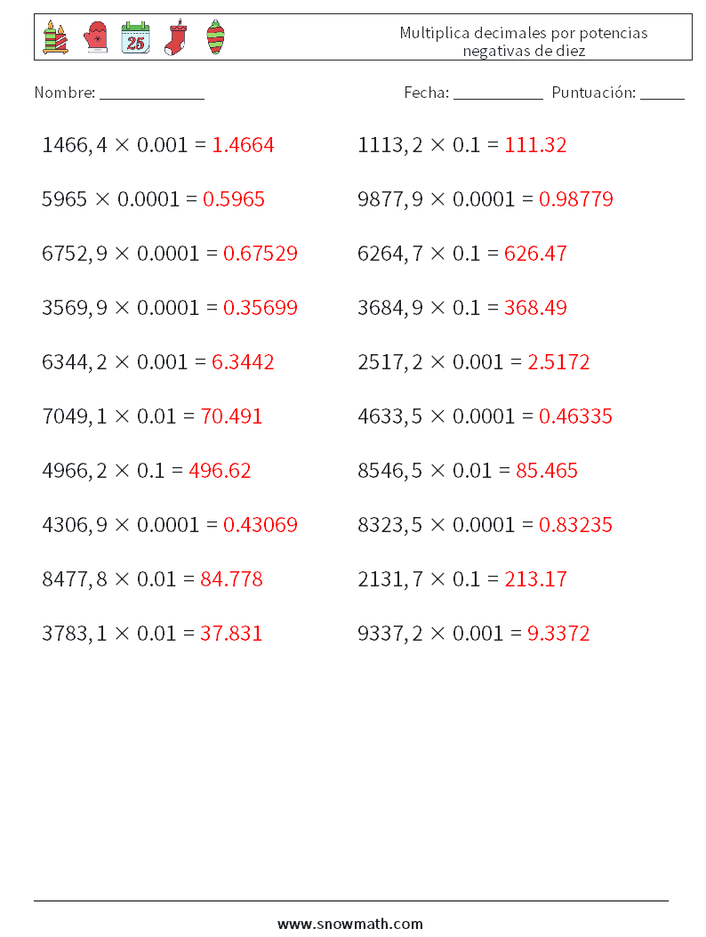 Multiplica decimales por potencias negativas de diez Hojas de trabajo de matemáticas 18 Pregunta, respuesta