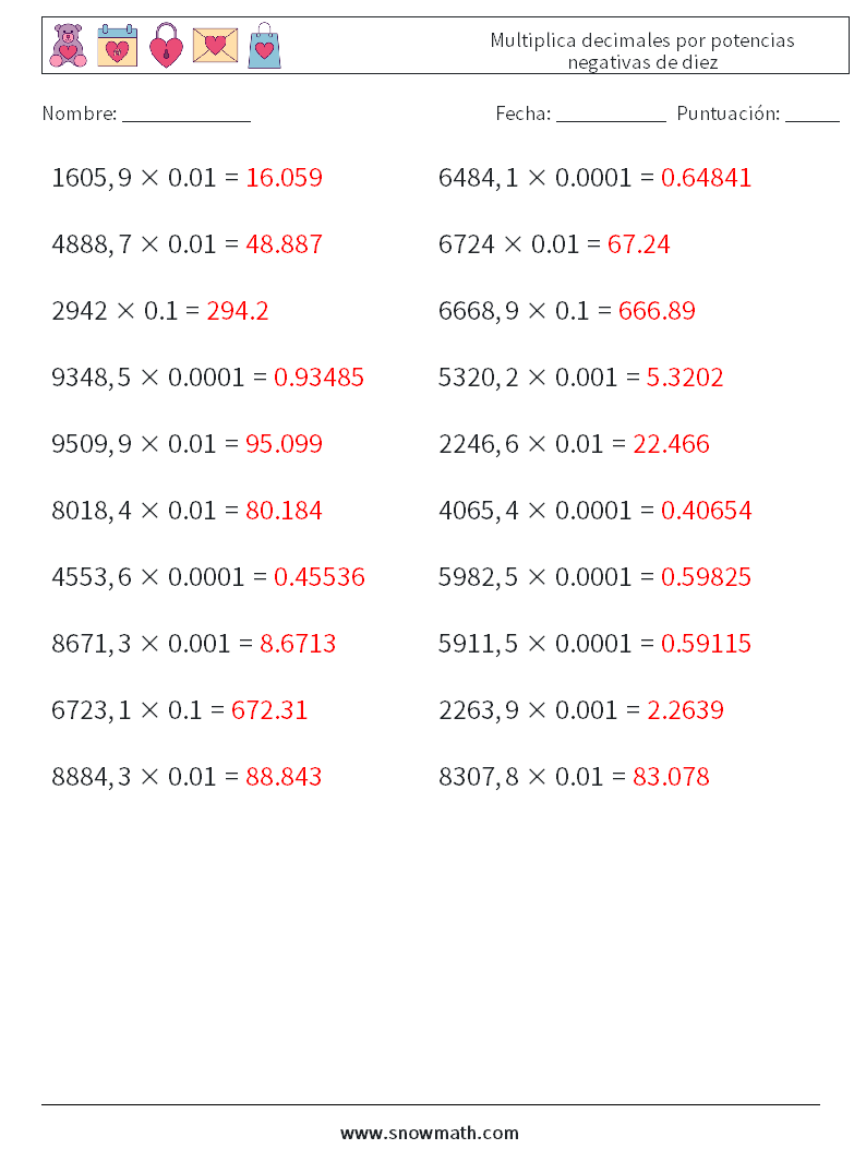 Multiplica decimales por potencias negativas de diez Hojas de trabajo de matemáticas 1 Pregunta, respuesta