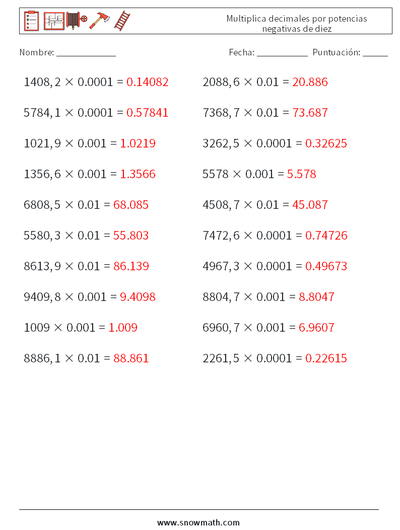 Multiplica decimales por potencias negativas de diez Hojas de trabajo de matemáticas 2 Pregunta, respuesta