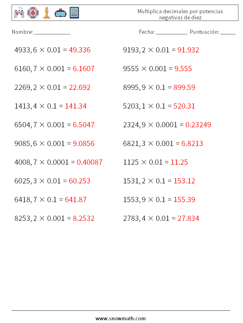 Multiplica decimales por potencias negativas de diez Hojas de trabajo de matemáticas 3 Pregunta, respuesta