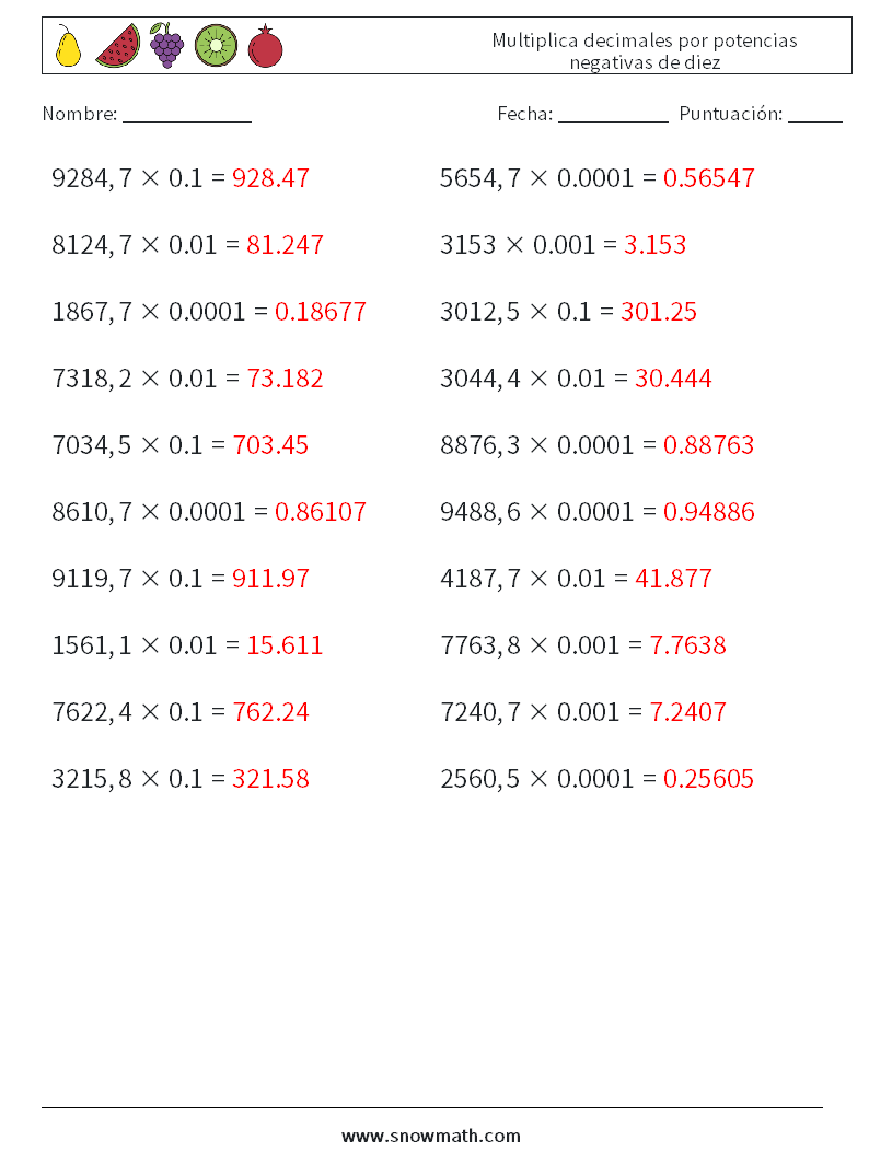 Multiplica decimales por potencias negativas de diez Hojas de trabajo de matemáticas 4 Pregunta, respuesta