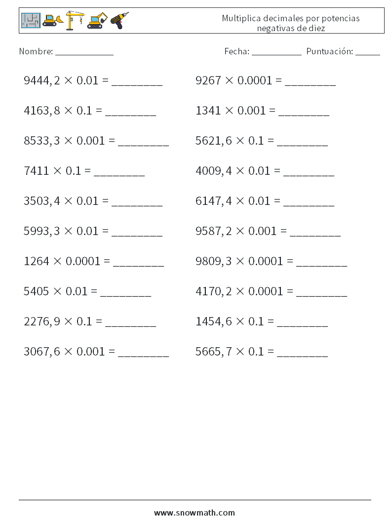 Multiplica decimales por potencias negativas de diez Hojas de trabajo de matemáticas 6