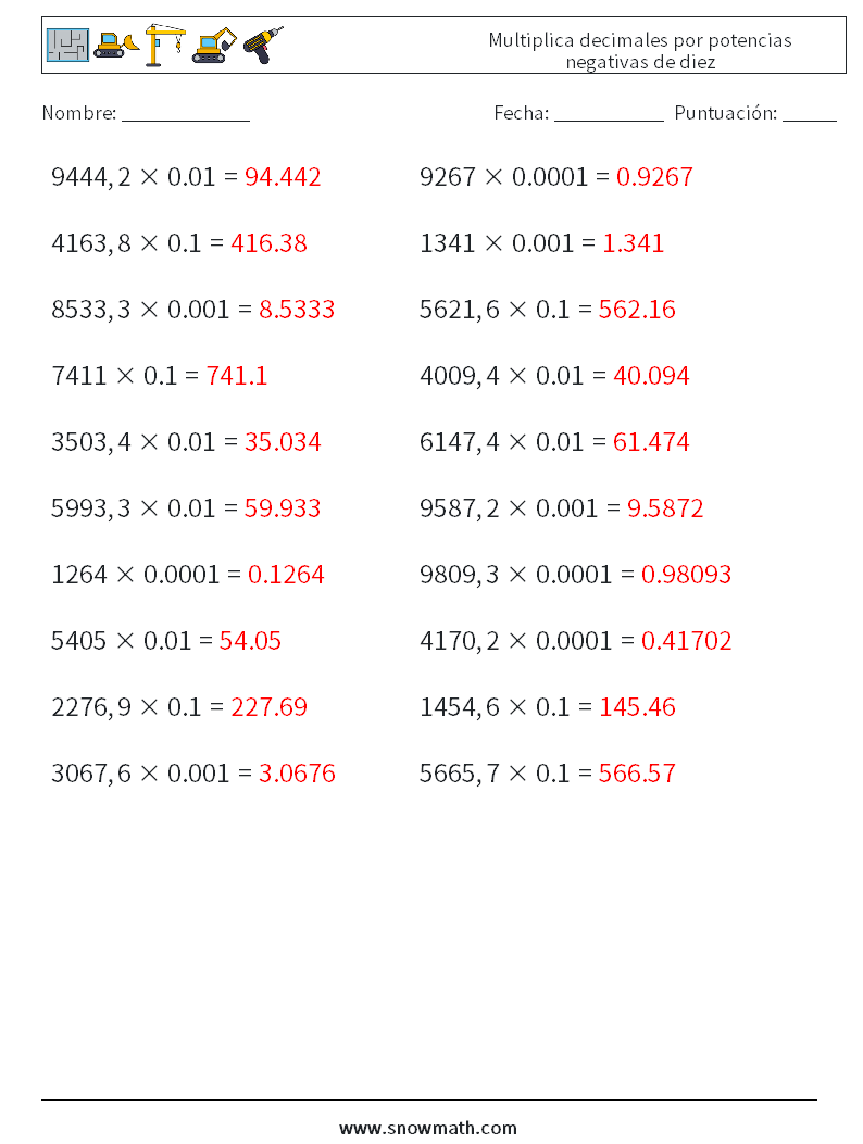 Multiplica decimales por potencias negativas de diez Hojas de trabajo de matemáticas 6 Pregunta, respuesta