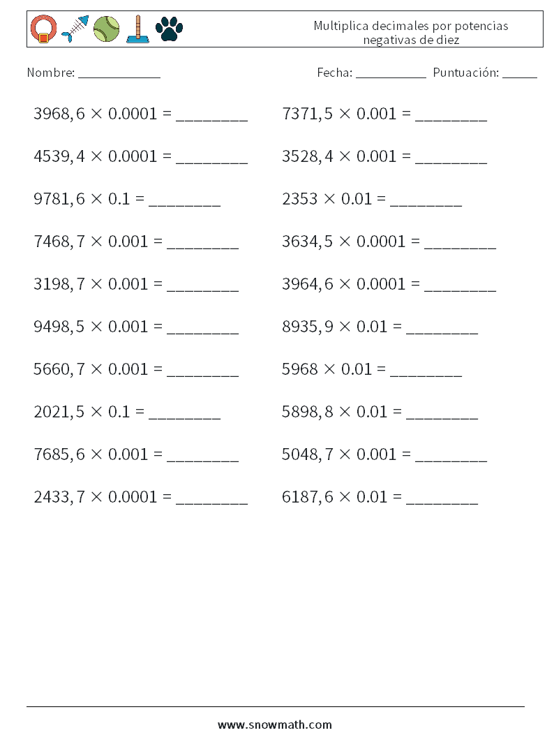 Multiplica decimales por potencias negativas de diez Hojas de trabajo de matemáticas 7