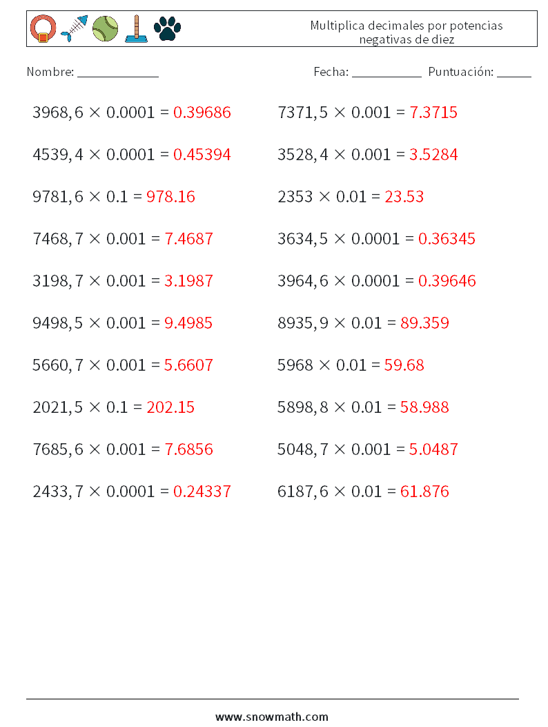 Multiplica decimales por potencias negativas de diez Hojas de trabajo de matemáticas 7 Pregunta, respuesta