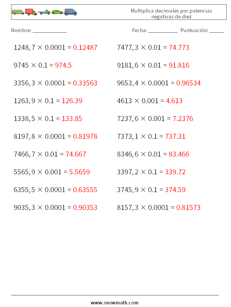 Multiplica decimales por potencias negativas de diez Hojas de trabajo de matemáticas 8 Pregunta, respuesta