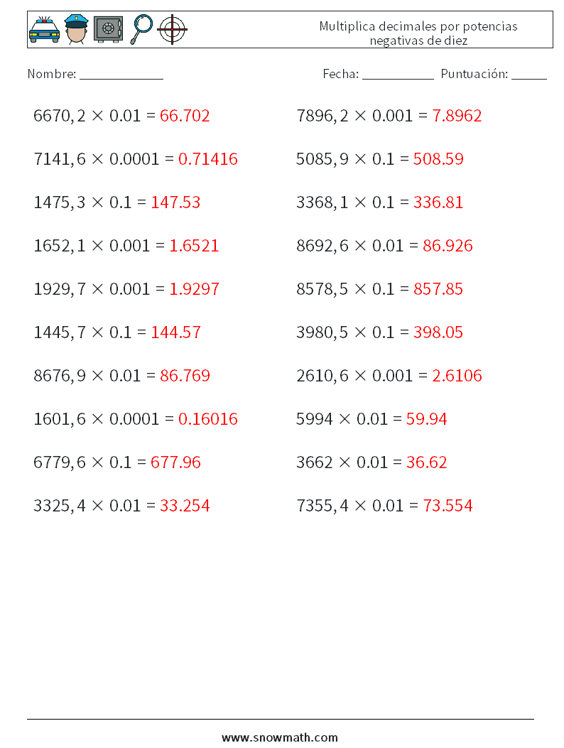 Multiplica decimales por potencias negativas de diez Hojas de trabajo de matemáticas 9 Pregunta, respuesta