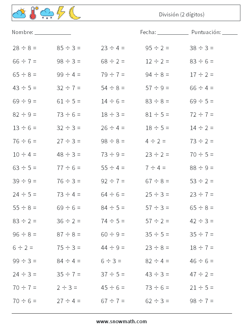 (100) División (2 dígitos) Hojas de trabajo de matemáticas 1