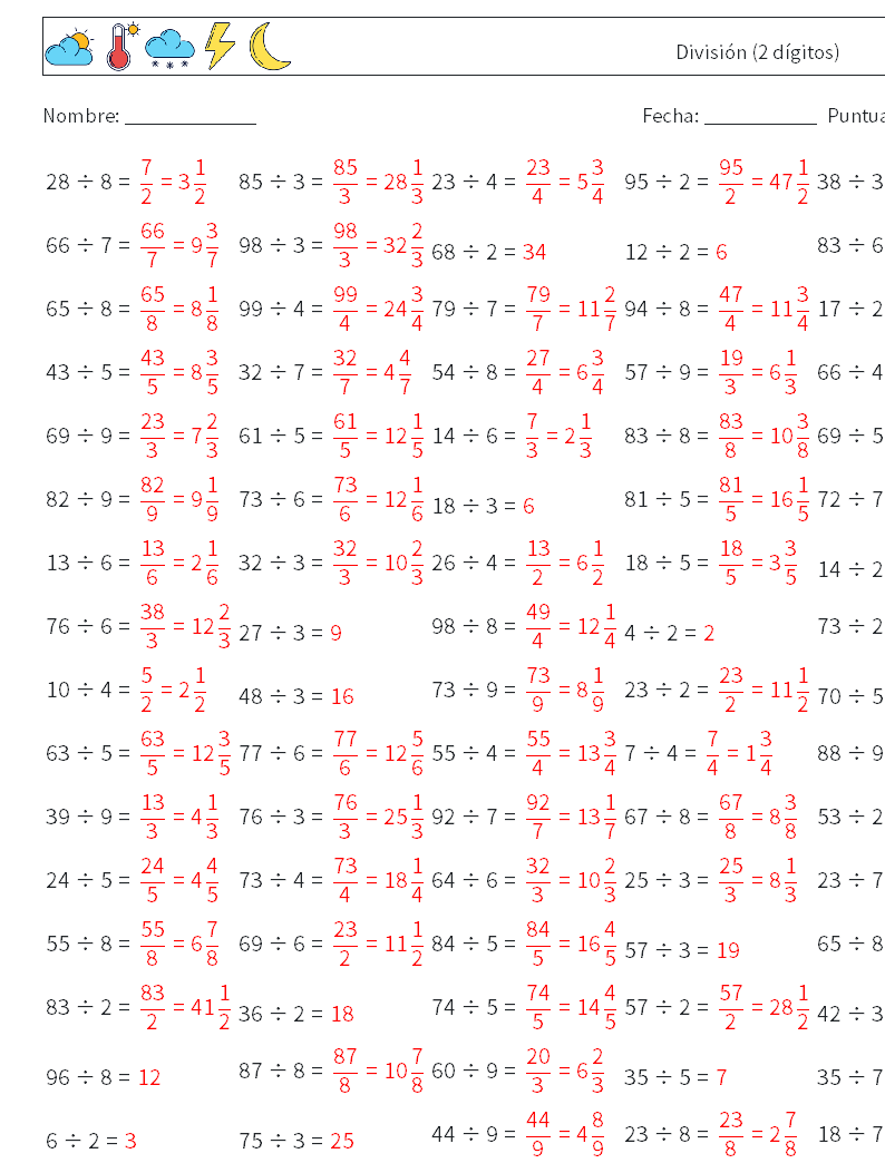 (100) División (2 dígitos) Hojas de trabajo de matemáticas 1 Pregunta, respuesta