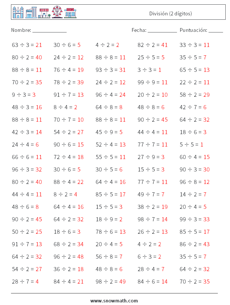 (100) División (2 dígitos) Hojas de trabajo de matemáticas 2 Pregunta, respuesta