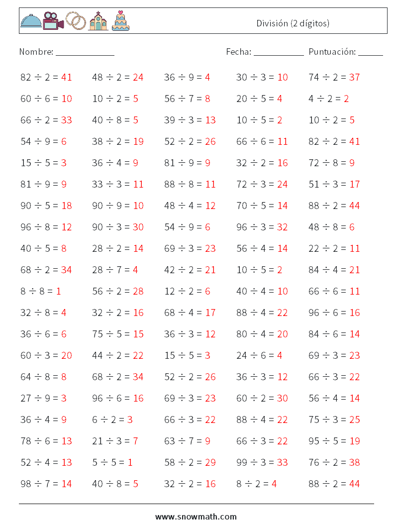 (100) División (2 dígitos) Hojas de trabajo de matemáticas 3 Pregunta, respuesta