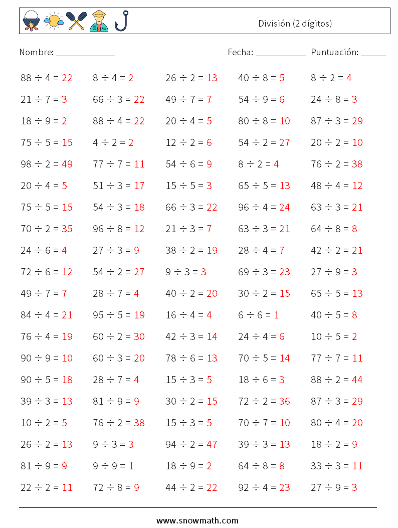 (100) División (2 dígitos) Hojas de trabajo de matemáticas 5 Pregunta, respuesta