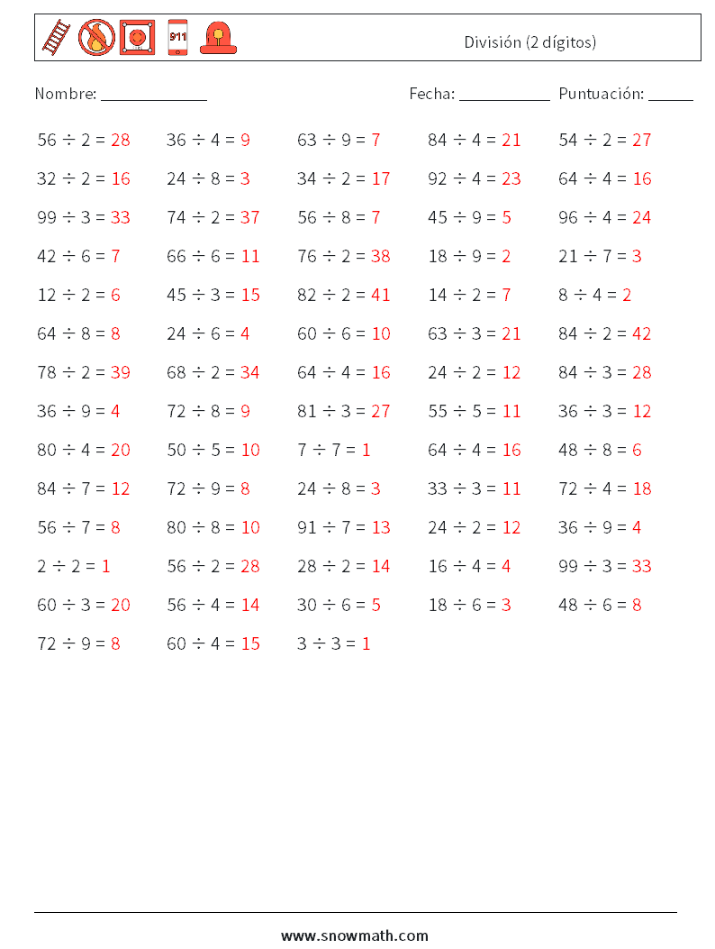 (100) División (2 dígitos) Hojas de trabajo de matemáticas 6 Pregunta, respuesta