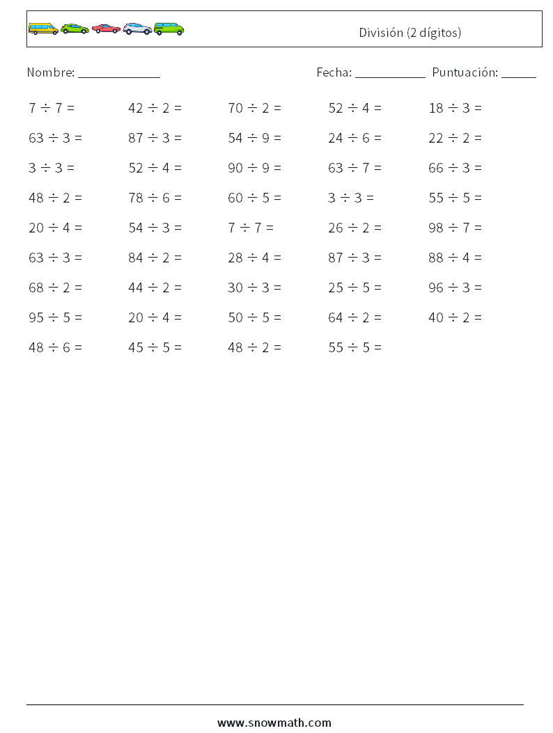 (100) División (2 dígitos) Hojas de trabajo de matemáticas 7