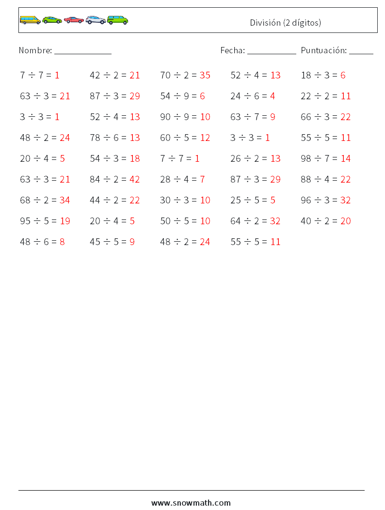 (100) División (2 dígitos) Hojas de trabajo de matemáticas 7 Pregunta, respuesta