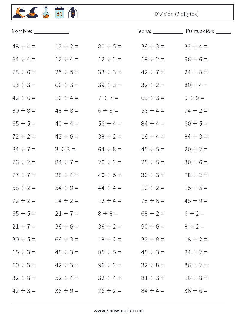 (100) División (2 dígitos) Hojas de trabajo de matemáticas 8