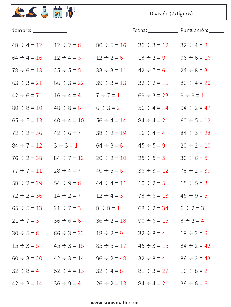 (100) División (2 dígitos) Hojas de trabajo de matemáticas 8 Pregunta, respuesta