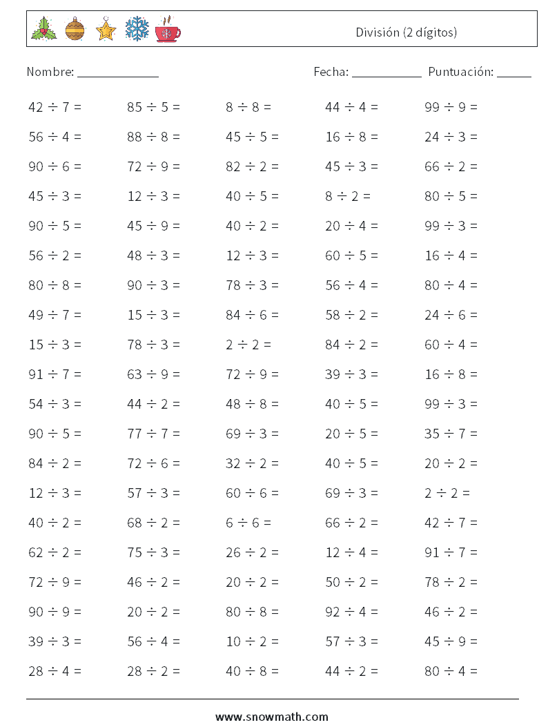 (100) División (2 dígitos) Hojas de trabajo de matemáticas 9