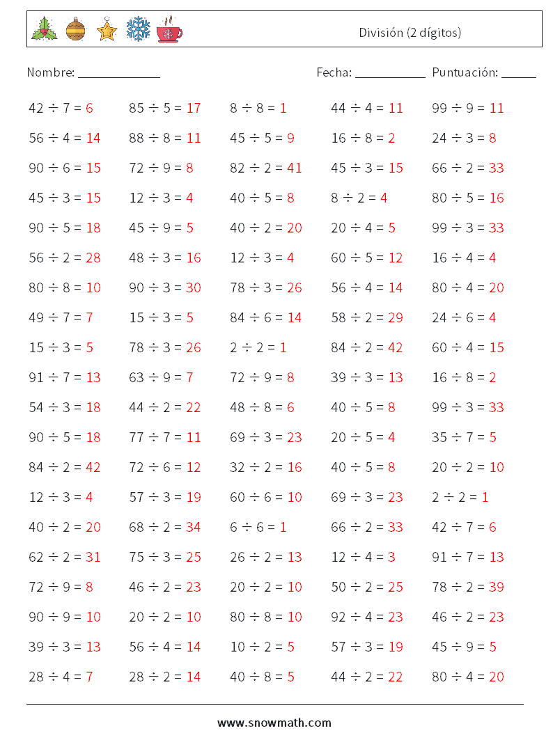 (100) División (2 dígitos) Hojas de trabajo de matemáticas 9 Pregunta, respuesta
