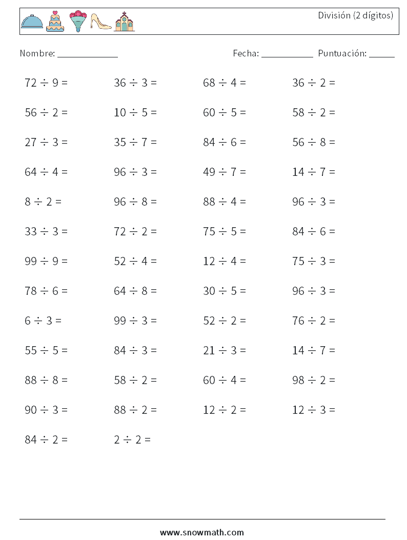 (50) División (2 dígitos) Hojas de trabajo de matemáticas 2