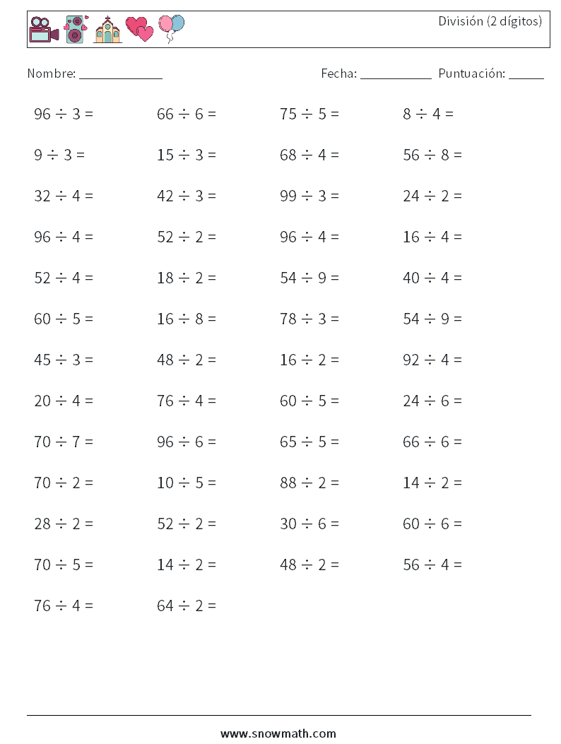 (50) División (2 dígitos) Hojas de trabajo de matemáticas 3