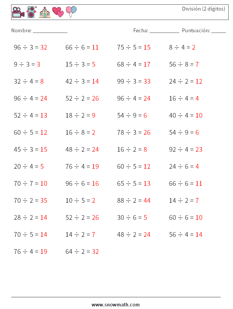 (50) División (2 dígitos) Hojas de trabajo de matemáticas 3 Pregunta, respuesta